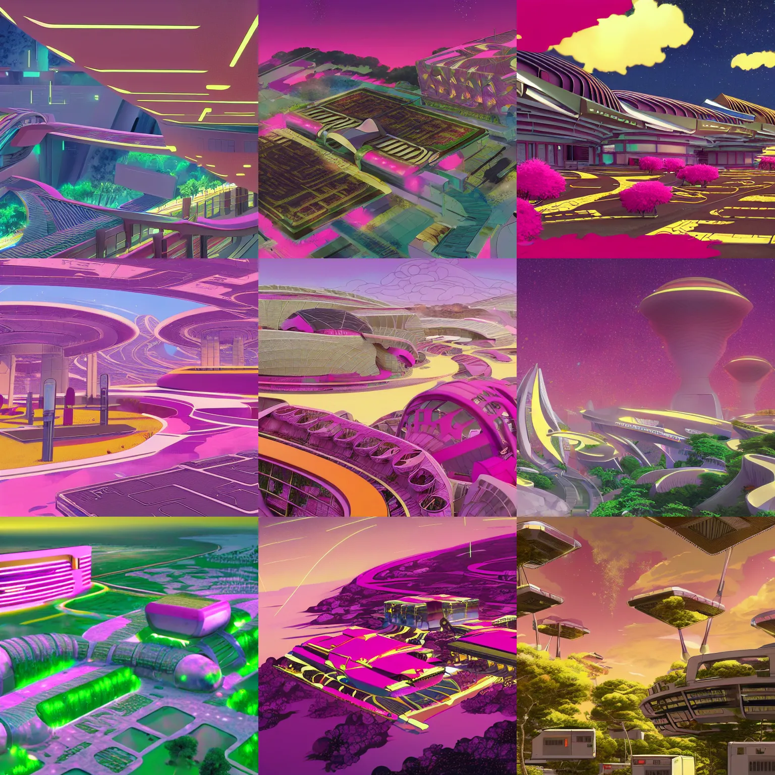 Prompt: afro futuristic college campus, beautiful landscape, concept art render, by studio ghibli and dwayne mcduffie and denys cowan, hot pink and gold color scheme, 3 2 k, hd, intricate details, epic composition