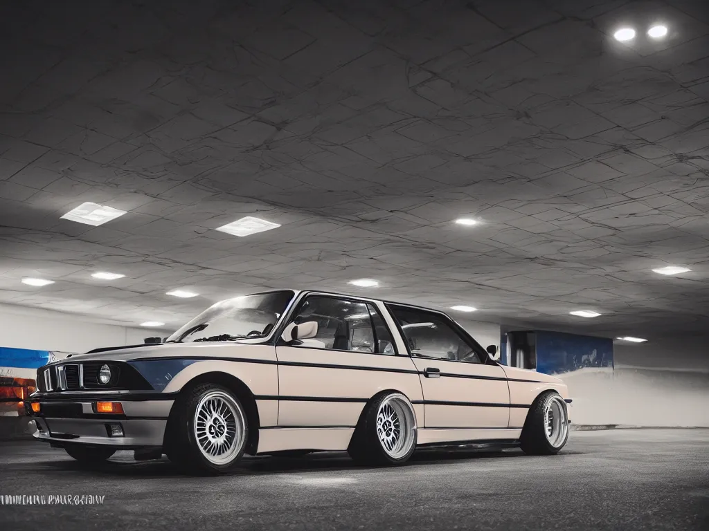 Image similar to a modified bmw e 3 0 with lights on in a futuristic neon parking garage, 3 5 mm photography, car photography, clean lines, realistic