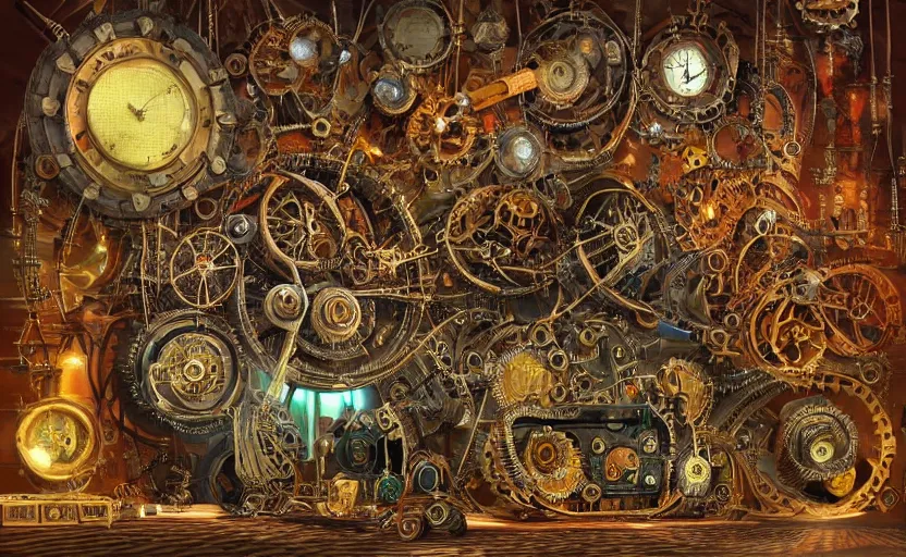 Image similar to “a psychedelic steampunk music machine made of intricate gears and industrial machine parts, by Vladimir kush , by Roger dean, By syd mead, by josip csoor, 8k resolution, realistic shadows, 3D, rendered in octane, volumetric lighting, hyper detailed, photorealistic, psychedelic”