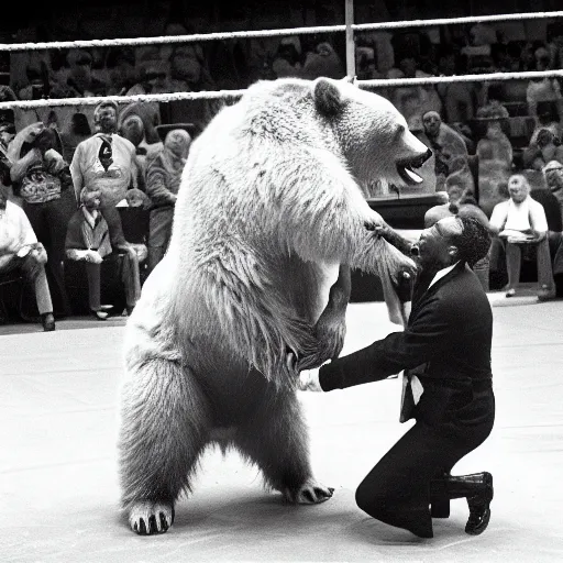 Image similar to maniac marvin mcglory wrestling a bear. madison square garden, 1 9 6 8. award - winning photograph.