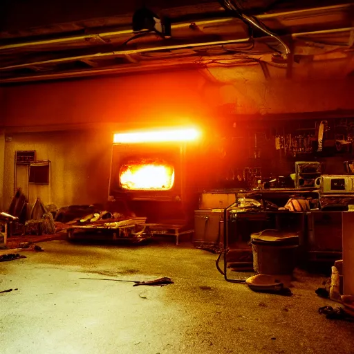 Image similar to toaster oven, dark messy smoke - filled cluttered workshop, dark, dramatic lighting, orange tint, cinematic, highly detailed, sci - fi, futuristic, movie still