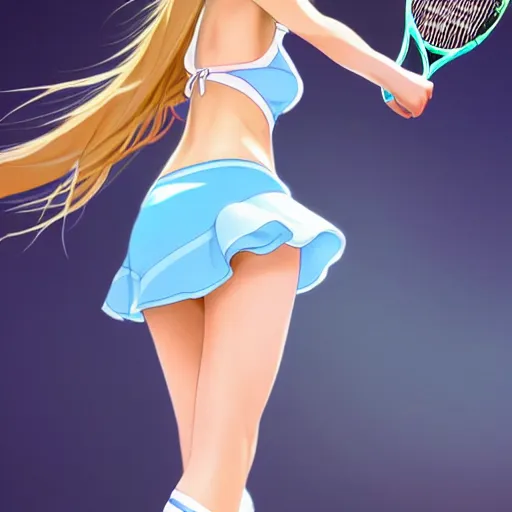 Prompt: a very beautiful young anime tennis girl, full body, long wavy blond hair, sky blue eyes, full round face,, bikini, miniskirt, front view, mid - shot, highly detailed, cinematic wallpaper by stanley artgerm lau