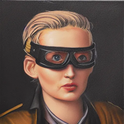 Image similar to square - jawed emotionless serious blonde woman starship engineer, tribal tattoos, handsome, short slicked - back hair, uncomfortable and anxious, looking distracted and awkward, wearing victorian dark goggles, flight suit and gloves, highly detailed, oil painting