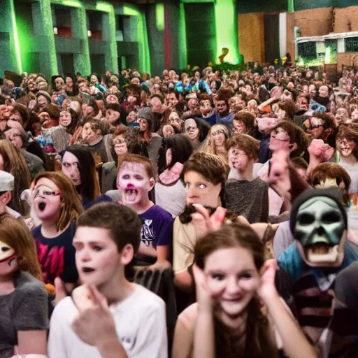 Image similar to an audience of minecraft zombies, photograph