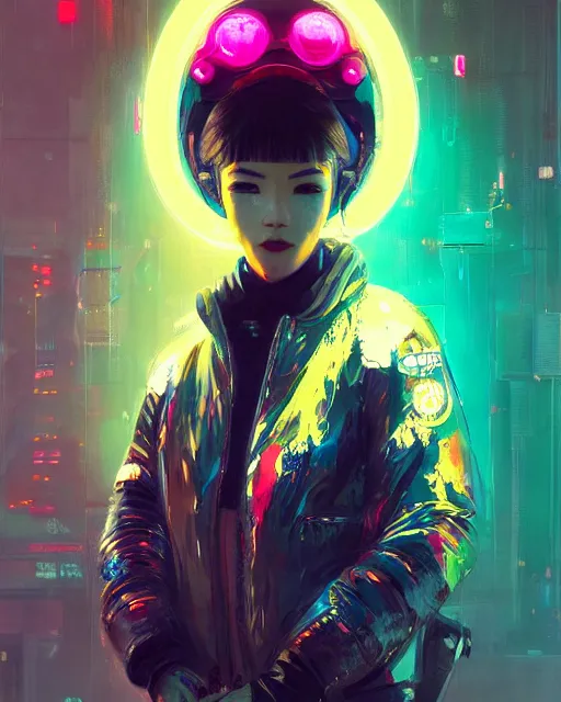 Image similar to detailed portrait Neon Operator Girl, cyberpunk futuristic neon, reflective puffy coat, decorated with traditional Japanese ornaments by Ismail inceoglu dragan bibin hans thoma greg rutkowski Alexandros Pyromallis Nekro Rene Maritte Illustrated, Perfect face, fine details, realistic shaded, fine-face, pretty face