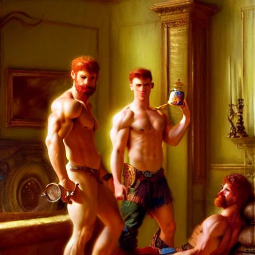 Image similar to attractive muscular mike with ginger hair with attractive tyler with brunet hair, drinking their hearts out, in their noble mansion. image defined to the maximum, highly detailed painting by gaston bussiere, craig mullins 8 k