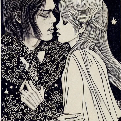 Image similar to 1 9 6 0 s drawing symmetrical pretty elegant brigitte bardot as a vampire kissing alain delon, very detailed intricate!!! intaglio, style of ( takato yamamoto )!!!, moon and stars and flowers tree