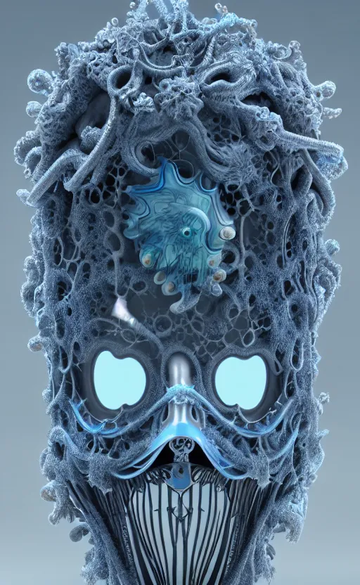 Image similar to intricate gothic baroque porcelain blue mask, eagle coral, jelly fish, feathers, mandelbulb 3 d, fractal flame, octane render, cyborg, biomechanical, futuristic, by ernst haeckel