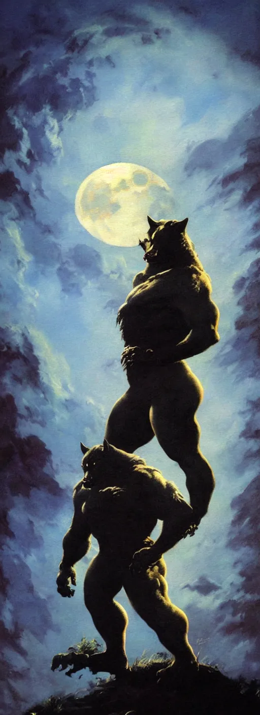 Prompt: by frazetta ,close up of very detailed realistic oversized werewolf , in front of the moon , full body backlight ,top light ,full body portrait ,highly textured oil painting ,jungle ,cyan graveyard with backlight from the moon ,foggy background ,with dramatic sky ,clouds and giant oversized moon and storm