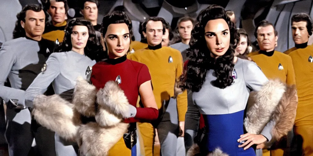 Prompt: Gal Gadot and Tribbles, Tribbles and more Tribbles in a scene from Star Trek the original series