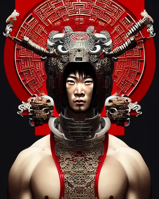 Image similar to portrait of a chinese masculine male cyberpunk machine, machine face, upper half portrait, decorated with chinese opera motifs, muscular, asian, fine china, wuxia, traditional chinese art intricate intense elegant 京 剧 highly detailed symmetry headpiece digital painting artstation concept art smooth sharp focus illustration, art by artgerm and greg rutkowski alphonse mucha 8 k