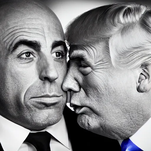 Prompt: a photo of joe rogan getting very close to donald trump's lips. 4 k, 8 5 mm lens, f 1. 8