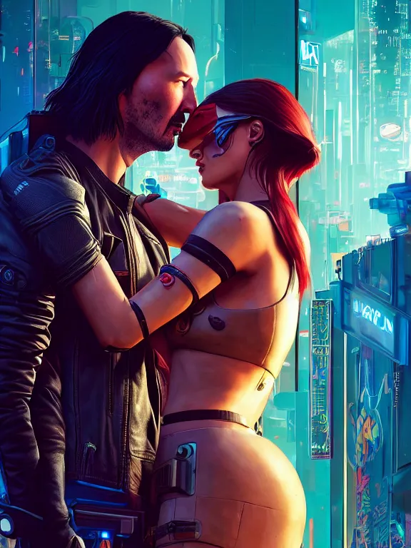 Prompt: a cyberpunk 2077 couple portrait of Keanu Reeves&female android in final kiss,love,film lighting,by Laurie Greasley,Lawrence Alma-Tadema,Dan Mumford,artstation,deviantart,FAN ART,full of color,Digital painting,face enhance,highly detailed,8K,octane,golden ratio,cinematic lighting