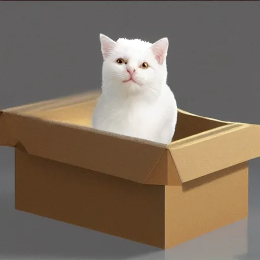 Prompt: cat in a box. hyper realistic.