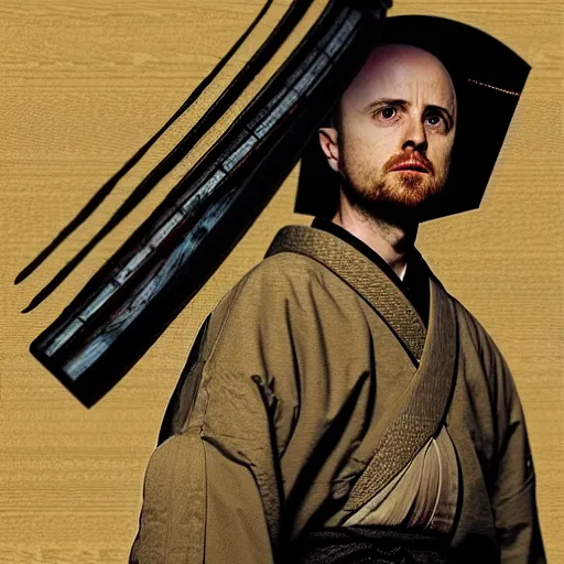 Prompt: jesse pinkman from breaking bad wearing samurai armor and holding a katana in feudal japan, 4 k, hyper realistic, ink block painting, edo period