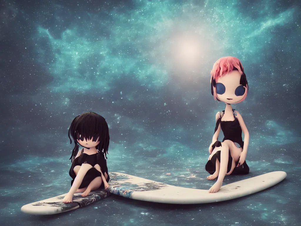 Image similar to cute fumo plush gothic maiden alien girl sitting on a surfboard in the waves of the dark galactic abyss, tattered ragged dress, ocean waves and reflective splashing water, vignette, vray