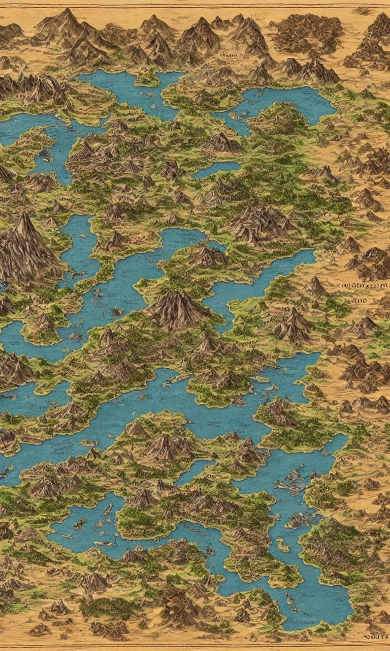 Image similar to an incredibly detailed map of a fantasy world showing a volcano, coastal cities, a large desert, and a few mountain chains, with elaborate biomes and illustrations