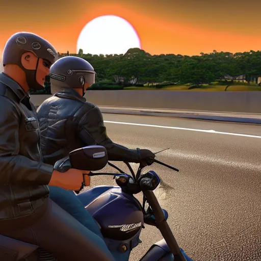 Image similar to a photo of jair messias bolsonaro driving a motorcycle in direction of a sunset, unreal engine 5, 4 k