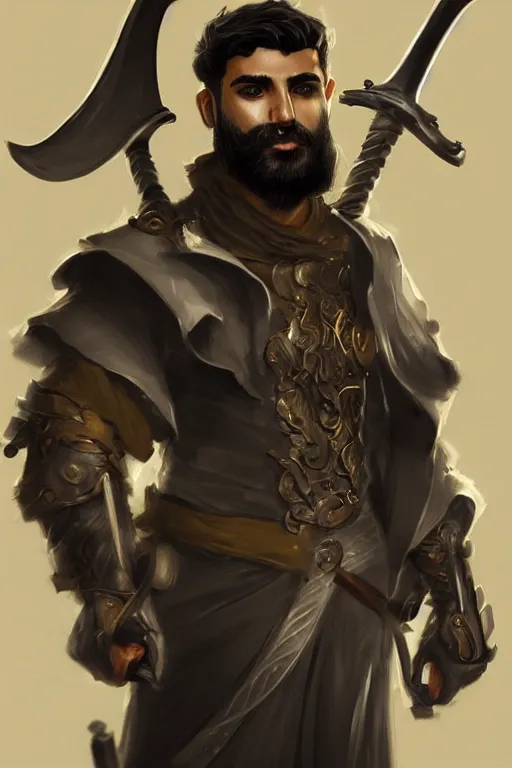 Image similar to Arab man light beard, curly hair, swordsman, modern, hero, leather , yellow and charcoal, character concept art, costume design, trending on artstation, Artgerm , WLOP