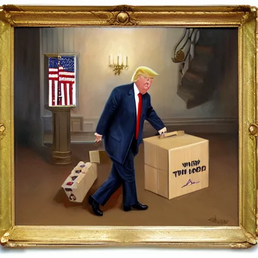 Prompt: jon mcnaughton painting of donald trump sneaking out of the white house with a box labeled top secret