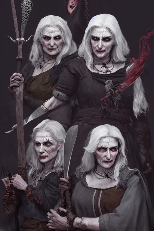 Image similar to the crones witches from the witcher 3 in the style of stefan kostic, realistic, sharp focus, 8 k high definition, insanely detailed, intricate, elegant, art by stanley lau and artgerm