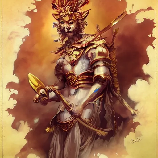 Image similar to Sun Wukong, monkey king, divine, golden ,symmetrical, D&D character art, portrait, digital painting, Peter Mohrbacher, Alphonse Mucha, Brian Froud, Yoshitaka Amano, Kim Keever, Victo Ngai, James Jean