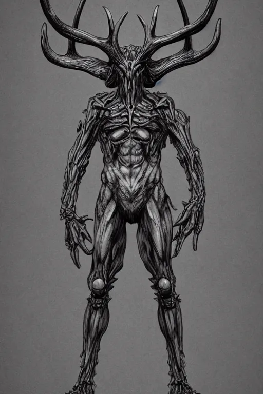 Image similar to humanoid figure monster with antlers, highly detailed, digital art, sharp focus, trending on art station, kentaro miura manga art style