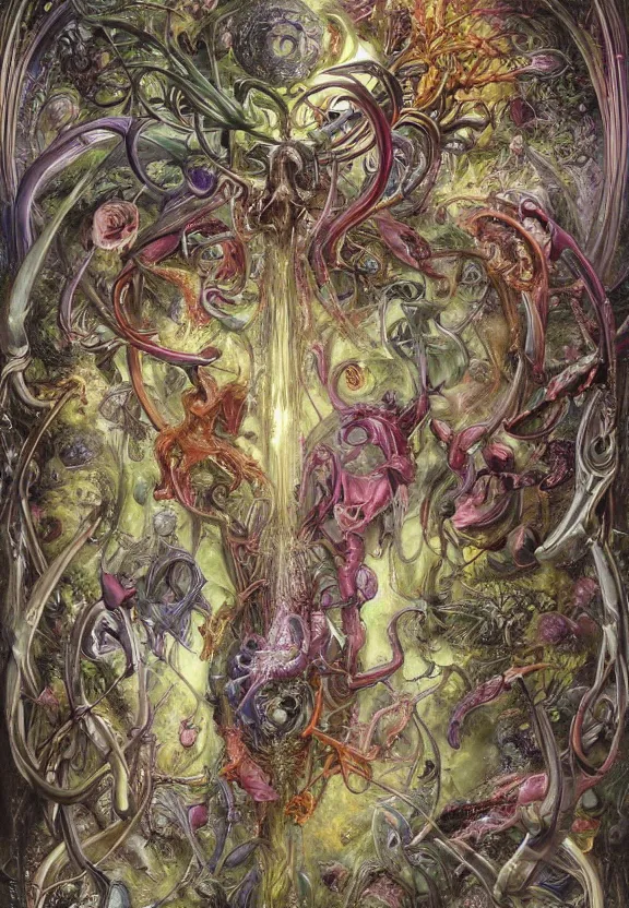 Image similar to simplicity, elegant, colorful muscular eldritch orchids, lilies, flowers, bodies, neon radiating from fractal, mandalas, by h. r. giger and esao andrews and maria sibylla merian eugene delacroix, gustave dore, thomas moran, pop art, giger's biomechanical xenomorph, art nouveau