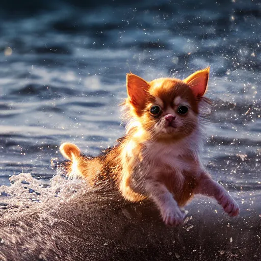 Prompt: a closeup photorealistic photograph of a cute kitten - chihuahua hybrid splashing in the surf during sunset. professional capture, well lit shot. this 4 k hd image is trending on artstation, featured on behance, well - rendered, extra crisp, features intricate detail, epic composition and the style of unreal engine.