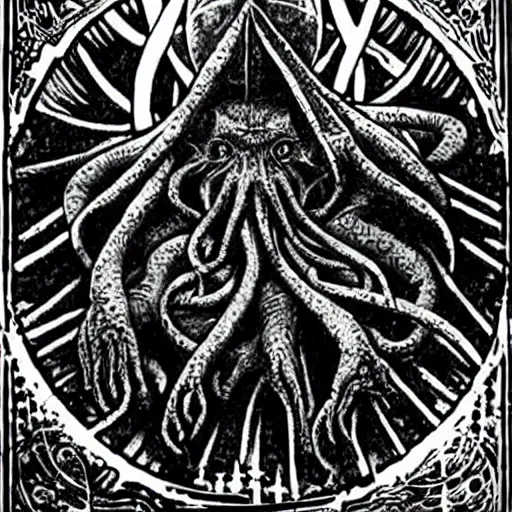 Prompt: in his house at r'lyeh dead cthulhu waits dreaming, divinity, awful, religious art