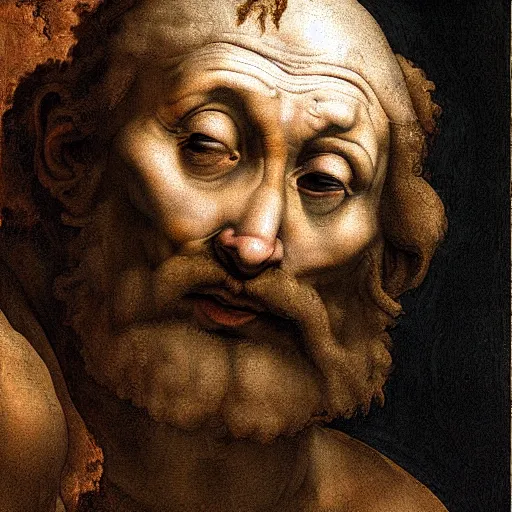 Prompt: scared man staring up, high detail painting by michelangelo