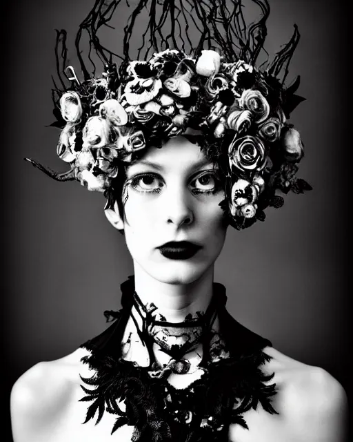 Image similar to surreal dark poetic black and white photo portrait of complex bio-mechanical beautiful young silver female-vegetal-cyborg with a fur metal fine lace face, a very long neck and a fine metal floral foliage super big gothic lace collar and very high big floral crown with many black dry roses by Vivienne Westwood:: smoke, high fashion, haute couture, rococo, avant-garde, silver filigree details, anatomical, facial muscles, cable wires, microchip, elegant, dreamy, foggy atmosphere, hyper realistic, 150 mm lens, soft rim light, octane render, unreal engine, picture was taken in 1910 by Man Ray, volumetric lighting, dramatic light,8k,