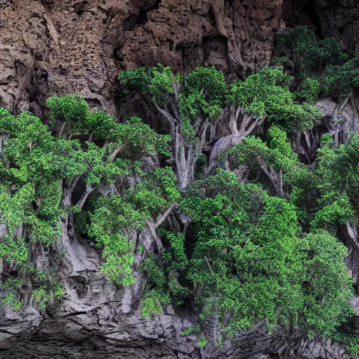 Prompt: surface of an alien planet with caves and alien trees t