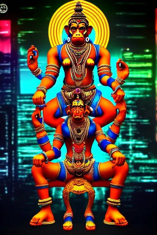 Image similar to high quality 3 d render colorful cyborg! hanuman sitting, gold madhubani, highly detailed, cyberpunk!! mumbai in the background, unreal engine cinematic smooth, szukalski & blade runner, moody neon light, low angle, uhd 8 k, sharp focus