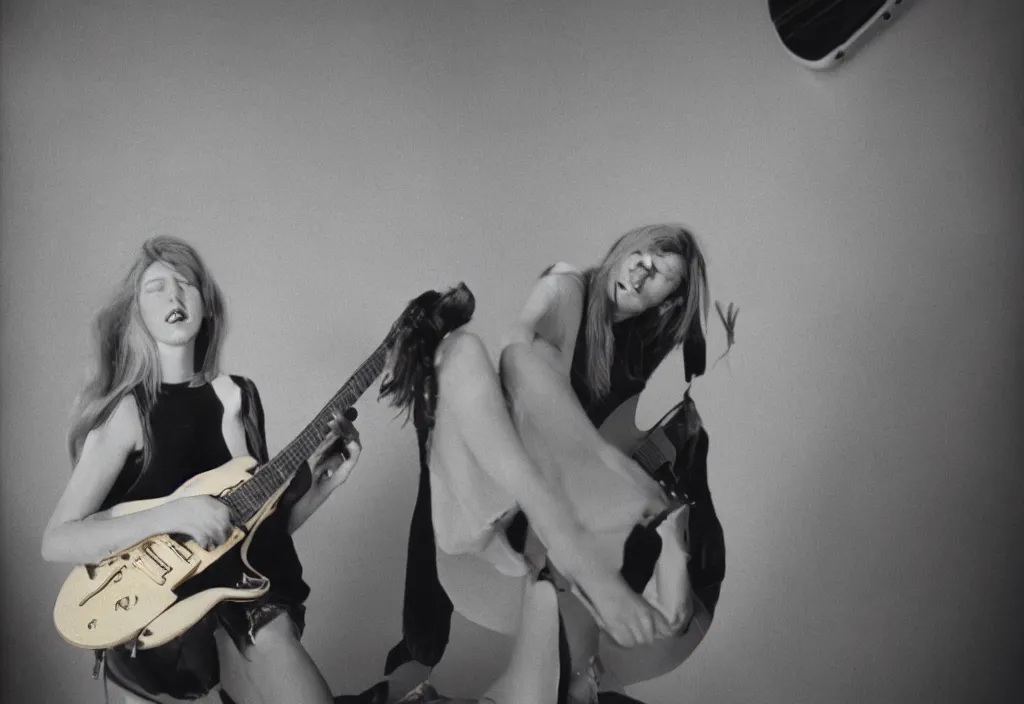 Image similar to hyperreal beautiful women playing guitar in front of a broken flat tv, 3 5 mm, cinestill, depth of field in the style of bruce weber