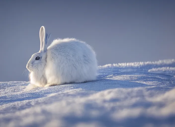 Image similar to photograph of a arctic hare on a mountain, winter, landscape photography, award winning, canon, soft lighting, sony, nikon, 4 k, hd