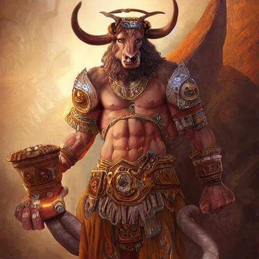 Prompt: digital painting of a minotaur as a high priest by filipe pagliuso and justin gerard, fantasy, highly, detailed, realistic, intricate