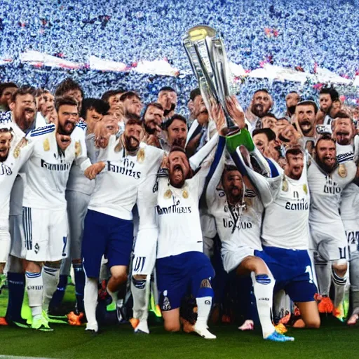 Prompt: real madrid fc team lifting a fax as a throphy