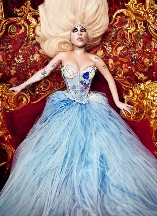 Image similar to lady gaga photoshoot artpop disney princess,vogue magazine, fairytale, Highly realistic. High resolution. Highly detailed. Dramatic. 8k.4k.