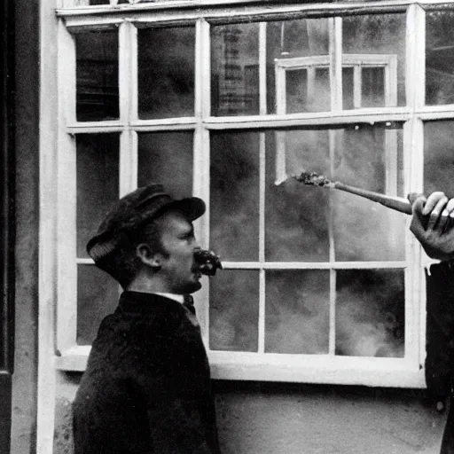 Prompt: zoomed cropped voyeuristic direct eye contact closeup of supermodel neighbor blowing smoke in window, technicolor, telephoto lens, vintage photograph, historical archive