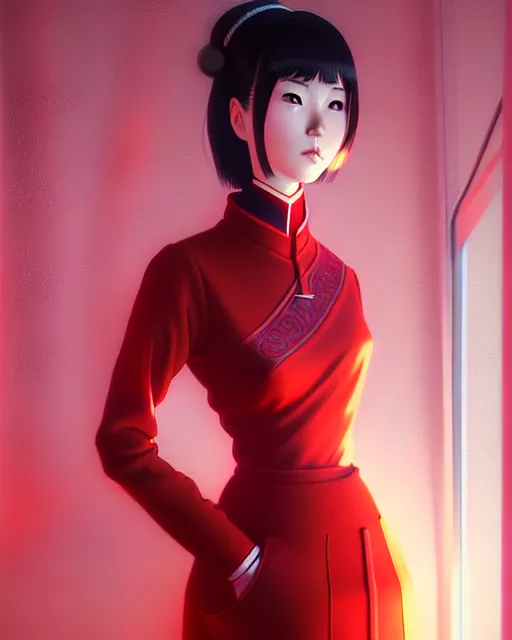 Image similar to a ultradetailed beautiful panting of a asian female wearing red ao dai and futuristic eye google, by ilya kuvshinov, greg rutkowski and makoto shinkai, trending on artstation