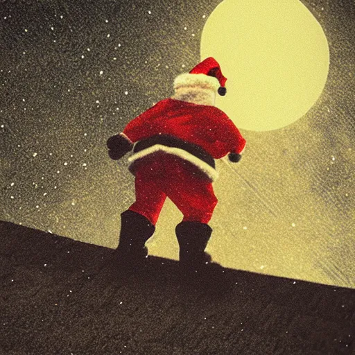 Image similar to a grainy realistic photograph of santa ontop of a rooftop climbing down a chimney at night, shot on an old polaroid camera, grainy vhs texture 4 k, realistic, unreal engine 5, sharp details, 3 0 0 dpi