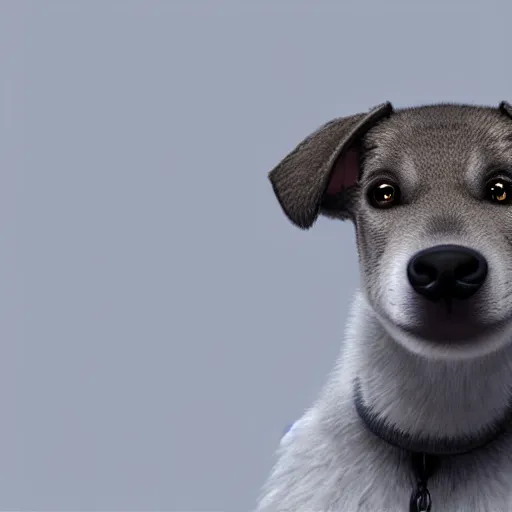 Image similar to crisp quality and light reflections, photorealistic portrait, studio lighting, still photo of a cute dog with human eyes, bright studio setting, highly detailed, unreal engine 5 quality render, uncanny valley