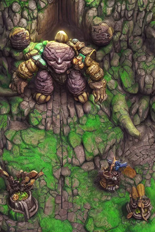 Image similar to zelda fantasy art giant golem troll wood rock greeble gemstone, global illumination ray tracing hdr fanart arstation by sung choi and eric pfeiffer and gabriel garza and casper konefal