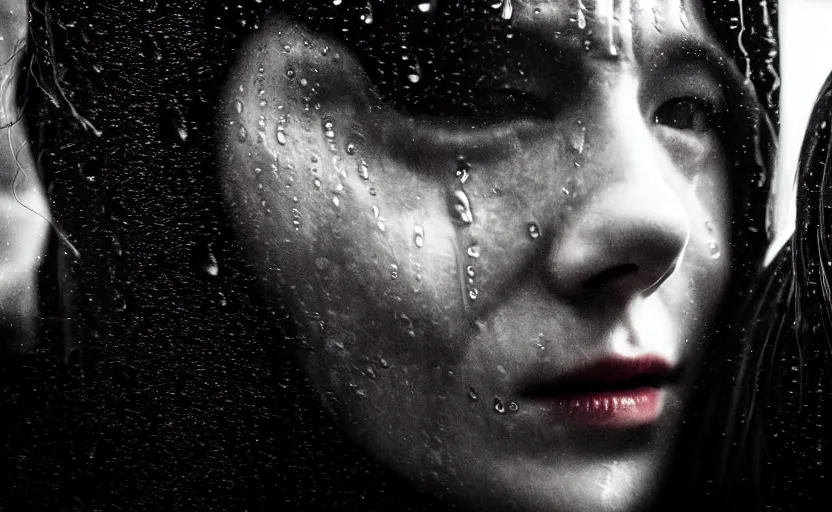 Image similar to cinestill 5 0 d candid photographic portrait by christopher nolan of two loving female androids sobbing wearing rugged black mesh techwear in treacherous waters, extreme closeup, modern cyberpunk moody emotional cinematic, pouring rain menacing lights shadows, 8 k, hd, high resolution, 3 5 mm, f / 3 2, ultra realistic faces, ex machina