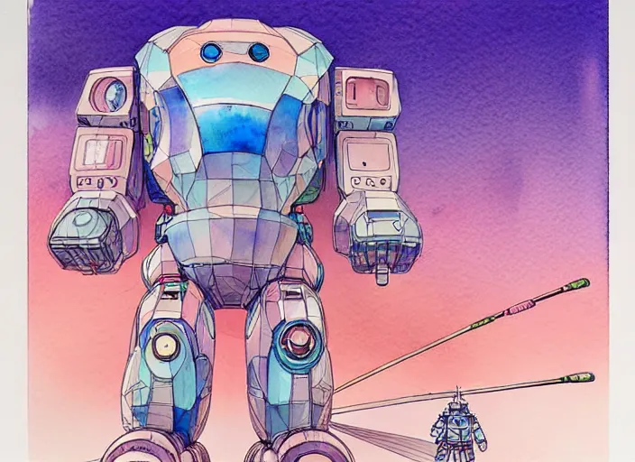 Image similar to a beautiful watercolor painting giant anthropomorphic hamster shaped mecha, moebius, detailed line art, gradient complementing colors