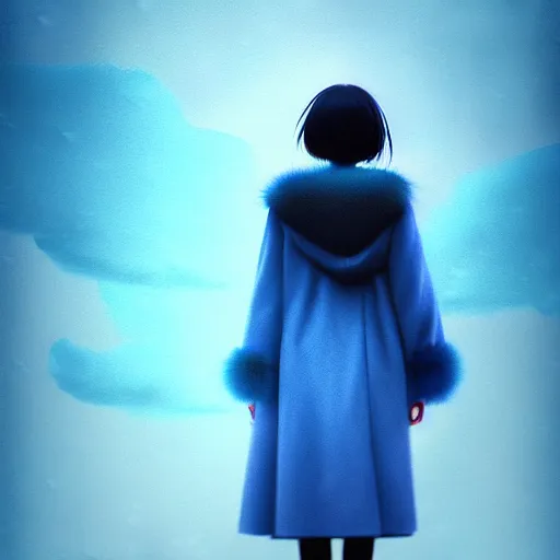 Prompt: frozen rain floating around a flying girl with long sky blue hair, low - angle shot from behind, blue coat, fur scarf, ultra fine detail, dark theme, realistic painting, photography, psychedelic, film still, cinematic, wlop, ilya kuvshinov, ismail inceoglu,