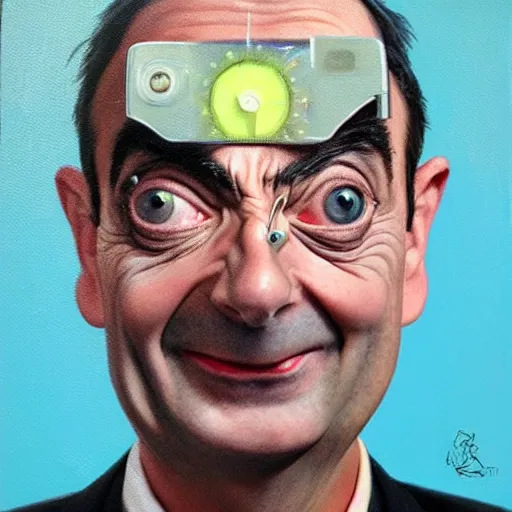 Image similar to a realistic oil painting of mr bean as a cybernetic cyborg, surrealism portrait, surrealism album cover