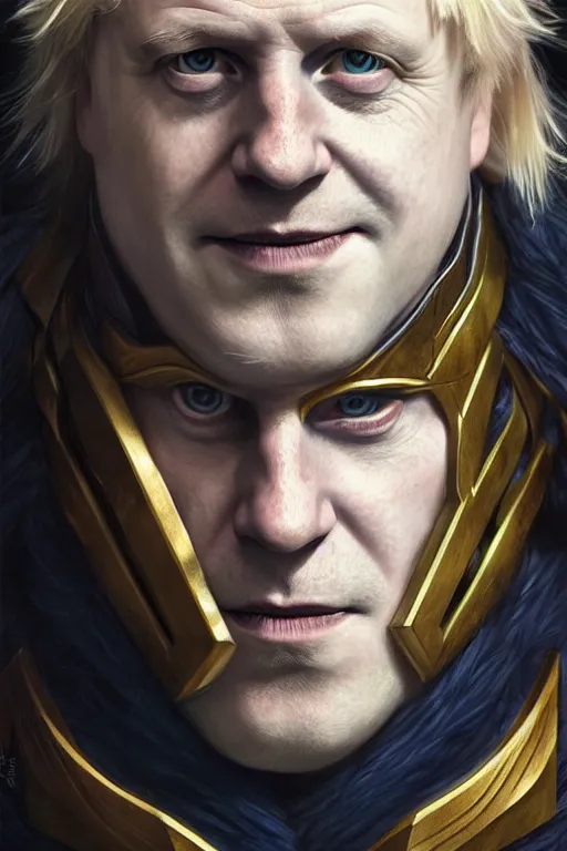 Prompt: Boris Johnson as Loki from Asgard, realistic portrait, symmetrical, highly detailed, digital painting, artstation, concept art, smooth, sharp focus, illustration, cinematic lighting, art by artgerm and greg rutkowski and alphonse mucha