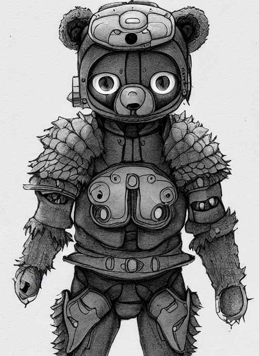 Image similar to beautiful little boy wearing an cyborg bear suit, artwork in kentaro miura and made in abyss and rosdraws, smooth, beautiful lightness, anatomically correct, trending on pixiv, forest